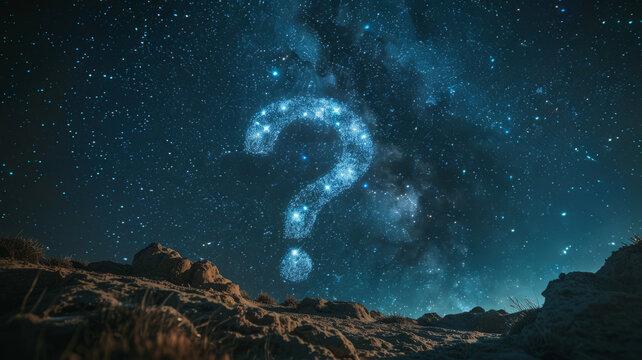 Night sky with a question mark formed by stars over a rocky landscape. - Powered by Adobe