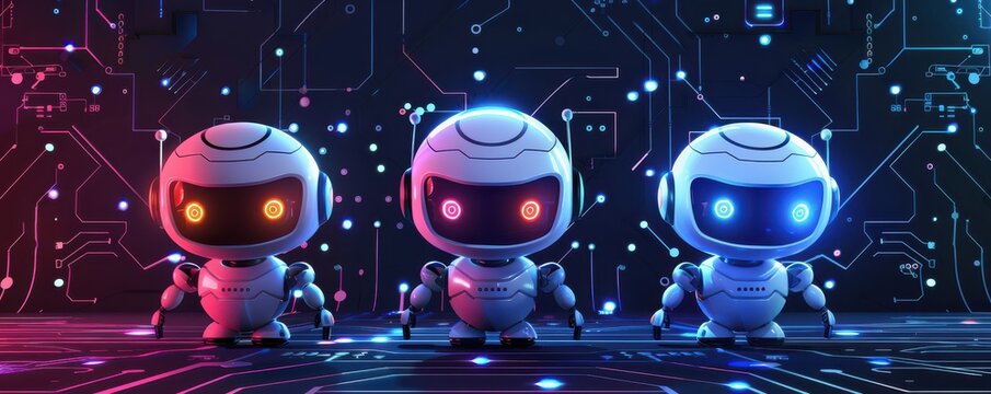 A set of adorable robot AI characters standing together, with a high-tech circuit background, showcasing futuristic technology.