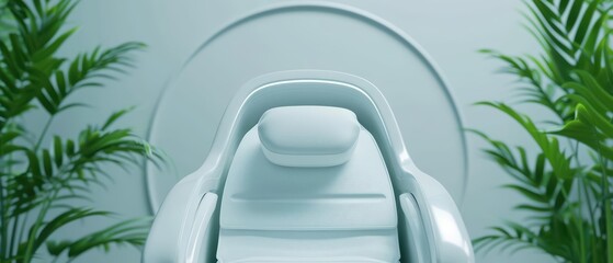 An advertisement banner showcasing a futuristic spa retreat with advanced robotic massage chairs and digital relaxation guides, high tech, with copy space at the top of the banner