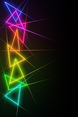 Fototapeta premium Multicolor neon rays forming a glowing triangles border on black background with blank space. Abstract decoration for disco poster or videogame.