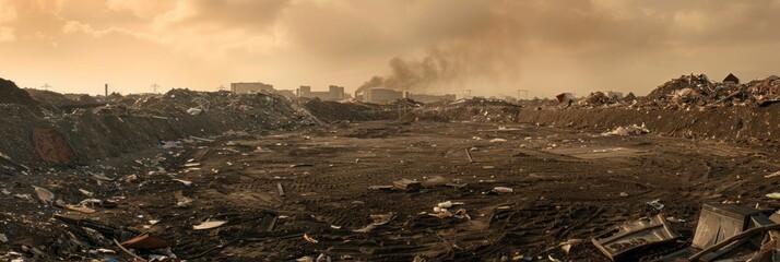 Mountains of garbage dominate a sprawling city dump, showcasing the scale of waste disposal challenges faced by urban communities worldwide, banner