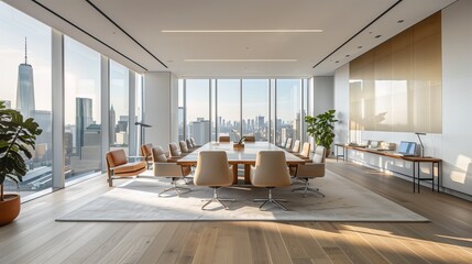 Obraz premium A photo of an open plan luxury office with white oak flooring