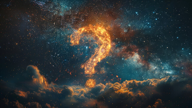 Glowing question mark in a galaxy with stars and clouds
