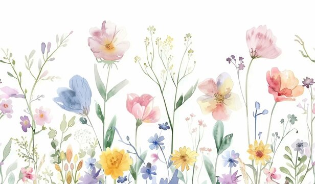 Flores silvestres pintadas en acuarela sobre fondo blanco para tarjeta de felicitaci&oacute;n 