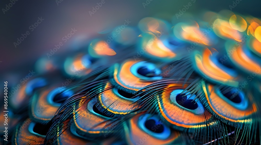 Poster close-up of vibrant peacock feathers adorned with dewdrops, highlighting the intricate patterns and 