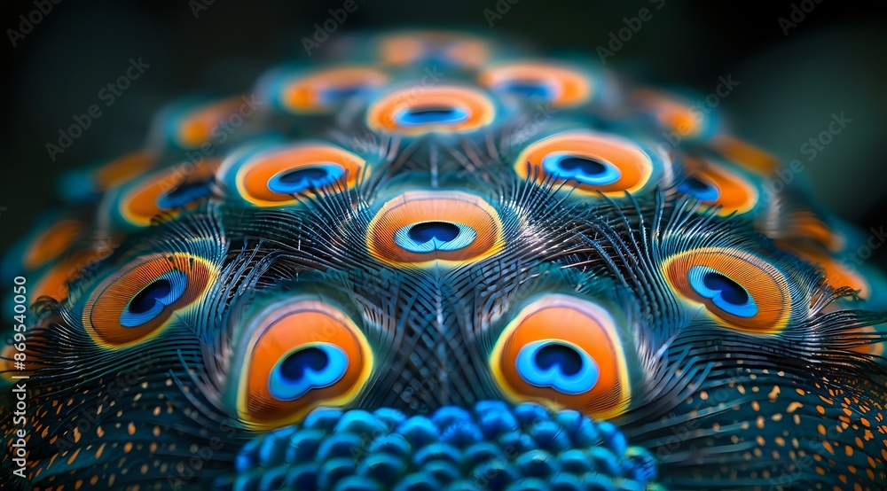 Poster close-up of vibrant peacock feathers with iridescent colors and intricate patterns, capturing natura