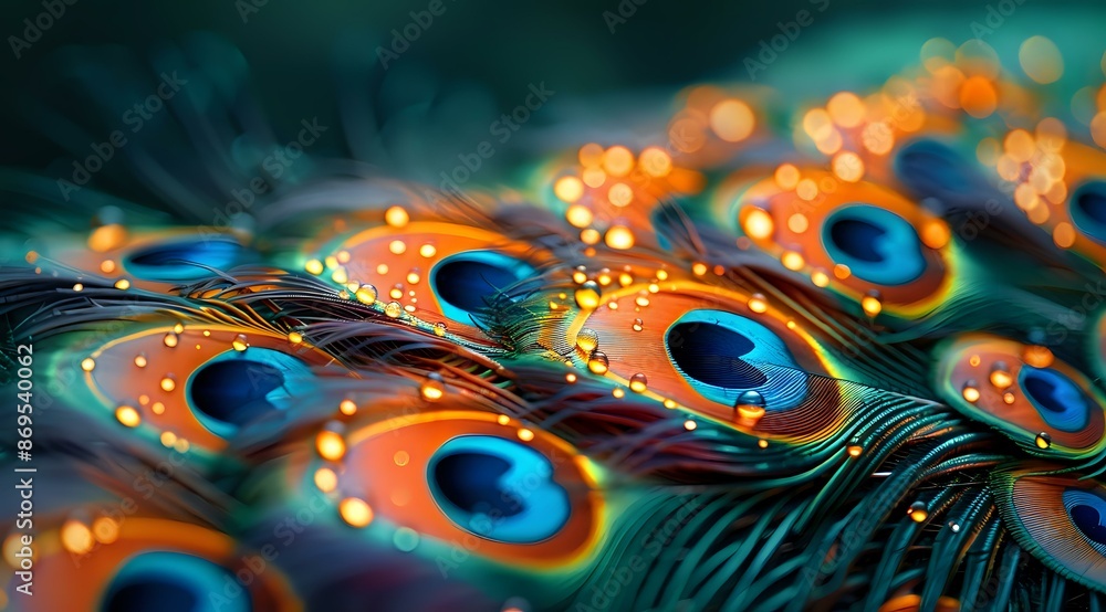 Poster close-up of vibrant peacock feathers with iridescent colors and intricate patterns, capturing natura