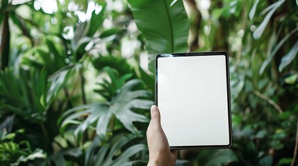 A person's hand holding a blank display gadget, with a garden background