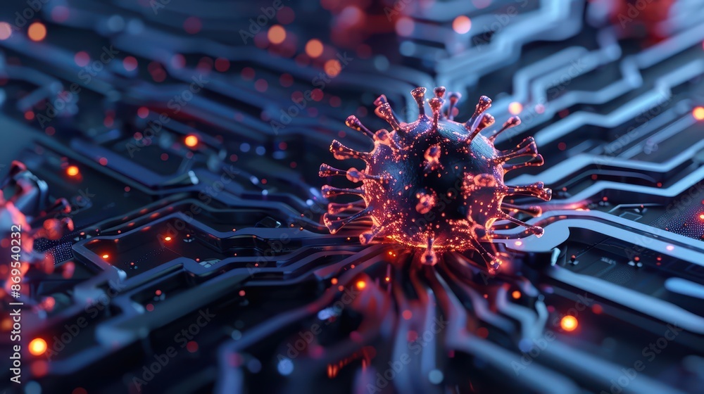 Poster conceptual design of a cyber virus with glowing circuit patterns, cyber, with copy space