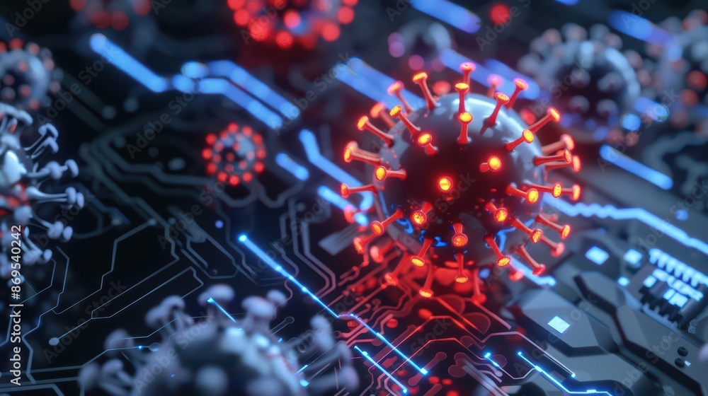 Poster conceptual design of a cyber virus with glowing circuit patterns, cyber, with copy space