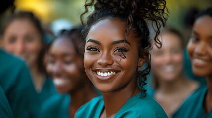 Fototapeta premium Smiling young nurse in a group of colleagues, exuding confidence and teamwork in a healthcare setting. Perfect for themes of healthcare, medical profession, and teamwork.
