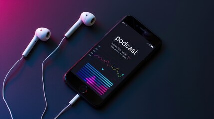 Earphones and mobile phones with podcast apps on the screen. Broadcast media music banner with copy space.