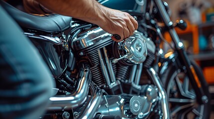 Closeup of hands holding tools, fixing the engine on motorcycle at home in daytime