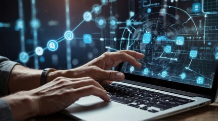 close up on man hand using tab pad on laptop to working