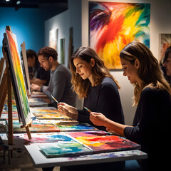 Fototapeta premium People expressing themselves doing art during an art therapy workshop, with paints, brushes, canvases. Therapeutic benefits of creativity and self-expression in mental health and emotional well-being 