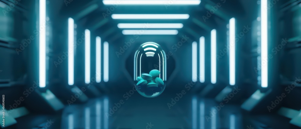 Poster conceptual minimal design of a digital pill icon floating in a sleek, futuristic space, cyber, with 