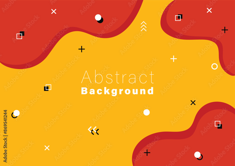 Poster abstract red fluid geometric shape yellow background and with black and white memphis style elements