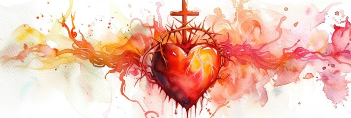 Christian Heart Crown with Cross and Thorns. Watercolor Sacred Heart in Tribute to Jesus Christ
