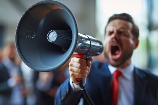Boss holding a megaphone shouting, close up