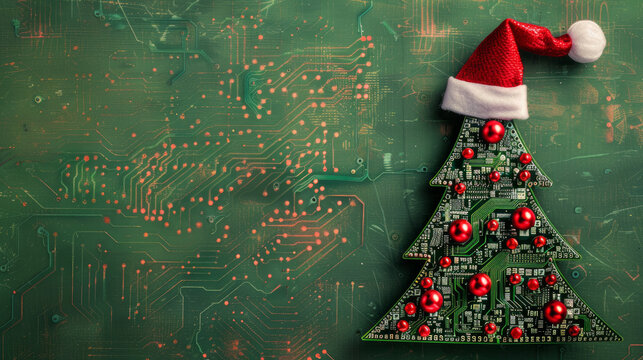 Circuit boards arranged like a Christmas tree with Santa hat and a scarf. Programmers' greeting card idea.