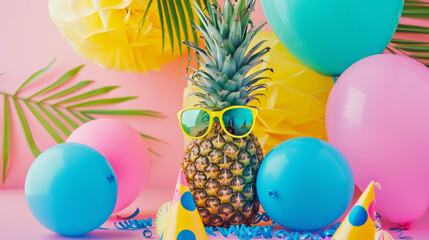 Congrats on your little one's first birthday! A pineapple with glasses, festive decorations, and copy space marks this special day.