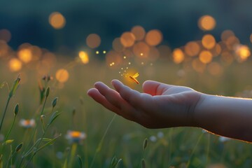 Lightning Bug. Child releasing a Firefly at Dusk, Symbol of Freedom