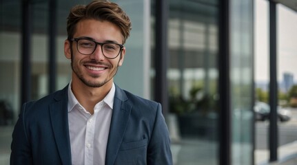 Naklejka premium confident young businessman standing in front of a hap