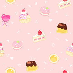 Hand drawn seamless pattern with cakes and sweets on pink background, white doodle
