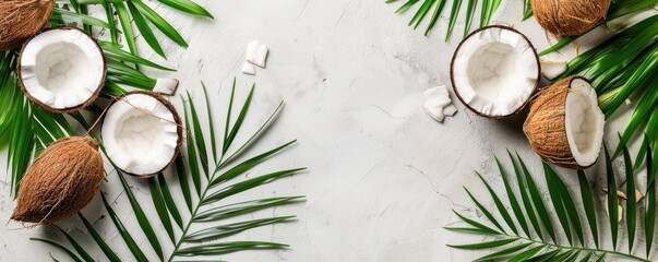 A white coconut sits on a table next to a green leaf. The coconut is partially opened, revealing its white interior. Concept of freshness and natural beauty, as the coconut and leaf are both organic. 