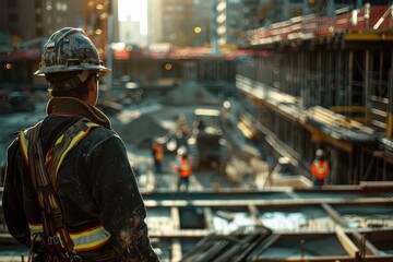 Editorial Photography capturing an engineer supervising workers at a construction site, close-up