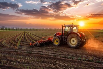 Obraz premium Farming At Night: Tractor Preparing Land with Seedbed Cultivator under the Night Sky