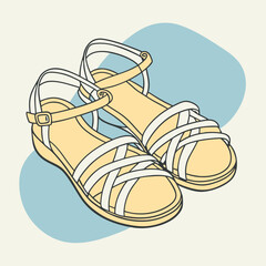 Summer illustration in boho style, yellow women's sandals on a white background, blue circle
