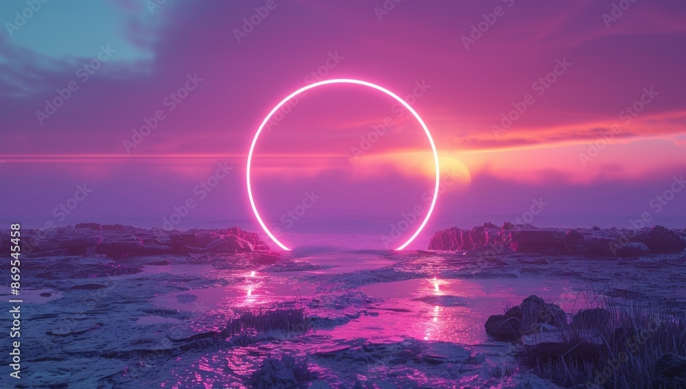 Wall mural neon circle gateway at sunset