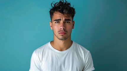 Naklejka premium Man Frowning. Young Hispanic Male Portrait Showing Displeasure Over Isolated Background
