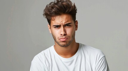 Fototapeta premium Man Frowning. Young Hispanic Man with Photogenic Look Expressing Upset Emotions Over Isolated Background