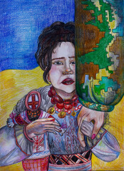 Obraz premium War. Girl and Ukrainian military man. Drawn in pencil