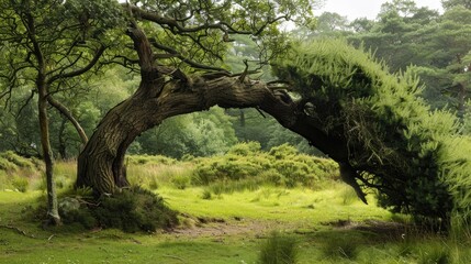 Bending Tree in Ancient New Forest under Spring Green Landscape