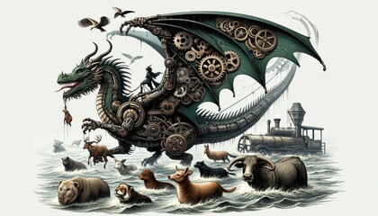 Steampunk dragon with animals