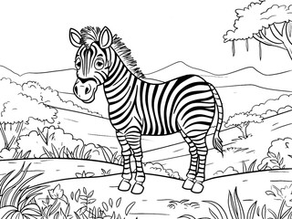 Cheerful zebra in the African savanna. Children coloring book. Generative ai vector.