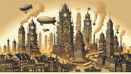 Steampunk cityscape with airships