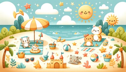 Cute bears on a beach