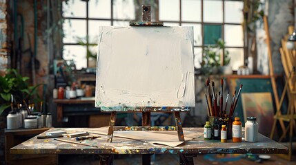 Obraz premium Artful Workspace Showcasing Painter's Canvas and Creative Tools in Rustic Mid-Century Studio Setting