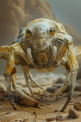 Bizarre Alien Lifeform with Razor-Sharp Claws and Multifaceted Compound Eyes in Desolate Alien Desert