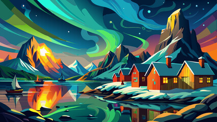 Aurora borealis above the frozen forest. The green lights of the north above the mountains. 