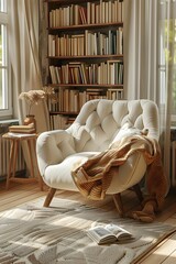 Cozy Bookworm's Sanctuary:A Warm,Hand-Drawn Reading Nook with Plush Armchair and Wooden Bookshelves
