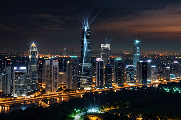 Fototapeta premium Modern cityscape with wireless network connection at night, illustrating advanced technology and urban connectivity.