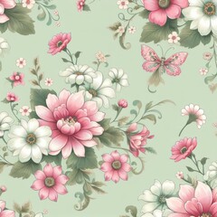 Fototapeta premium Floral pattern with butterflies