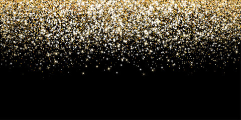 Golden glitter lights on black background. Sparkling glittering rain effect. Celebration backdrop for Christmas, wedding, birthday party. Luxury metallic frame, border. Vector.