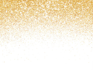 Golden glitter lights isolated on white background. Sparkling glittering rain effect. Celebration backdrop for Christmas, wedding, birthday party. Luxury metallic frame, border. Vector.