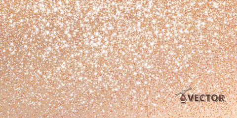 Rose gold bronze glitter lights background. Sparkling champaigne glittering rain effect. Celebration beige backdrop for Christmas and New Year, wedding, birthday party. Luxury frame, border. Vector.
